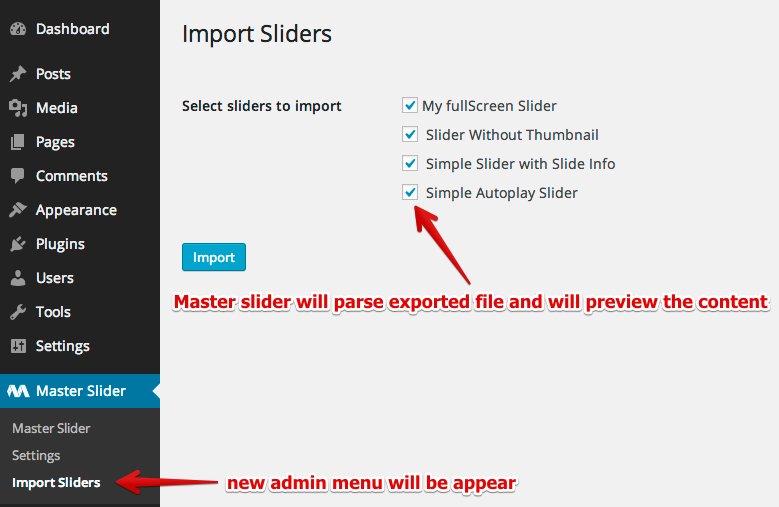 Master Slider import demo sliders page